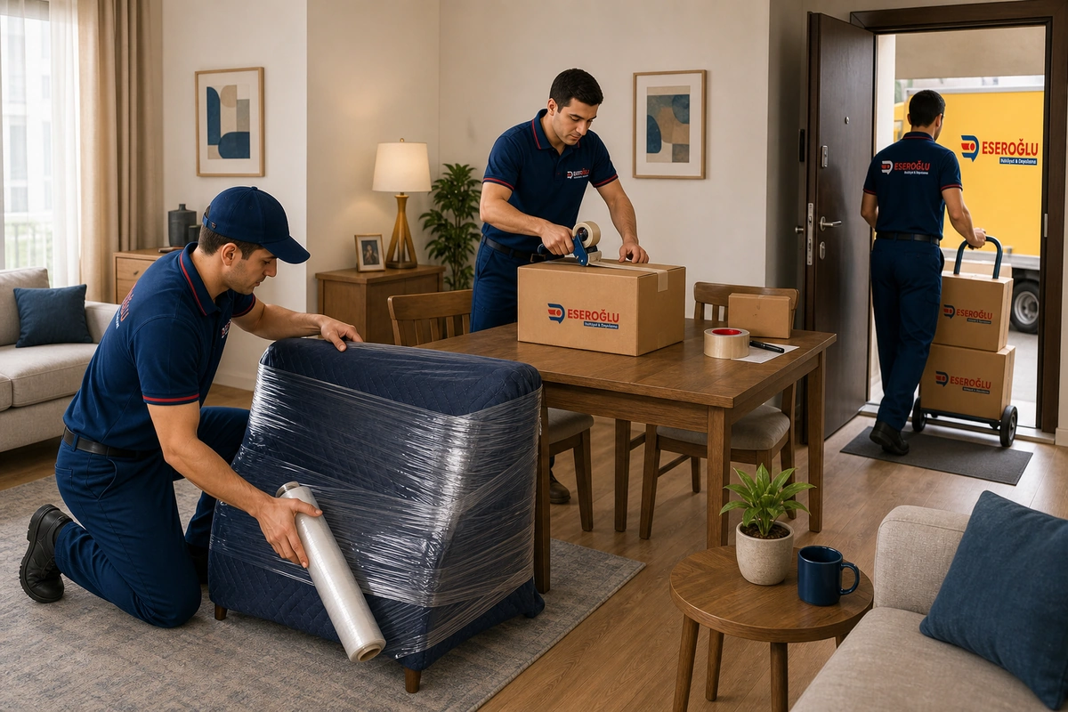 Eseroğlu Nakliyat ekibi evden eve nakliyat sürecinde eşyaları profesyonelce paketleyip araca yüklüyor