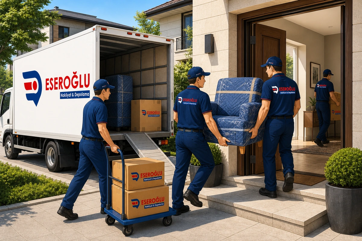 Eseroğlu Nakliyat ekibi evden eve nakliyat sürecinde eşyaları dikkatle taşıyor ve yerleştiriyor.