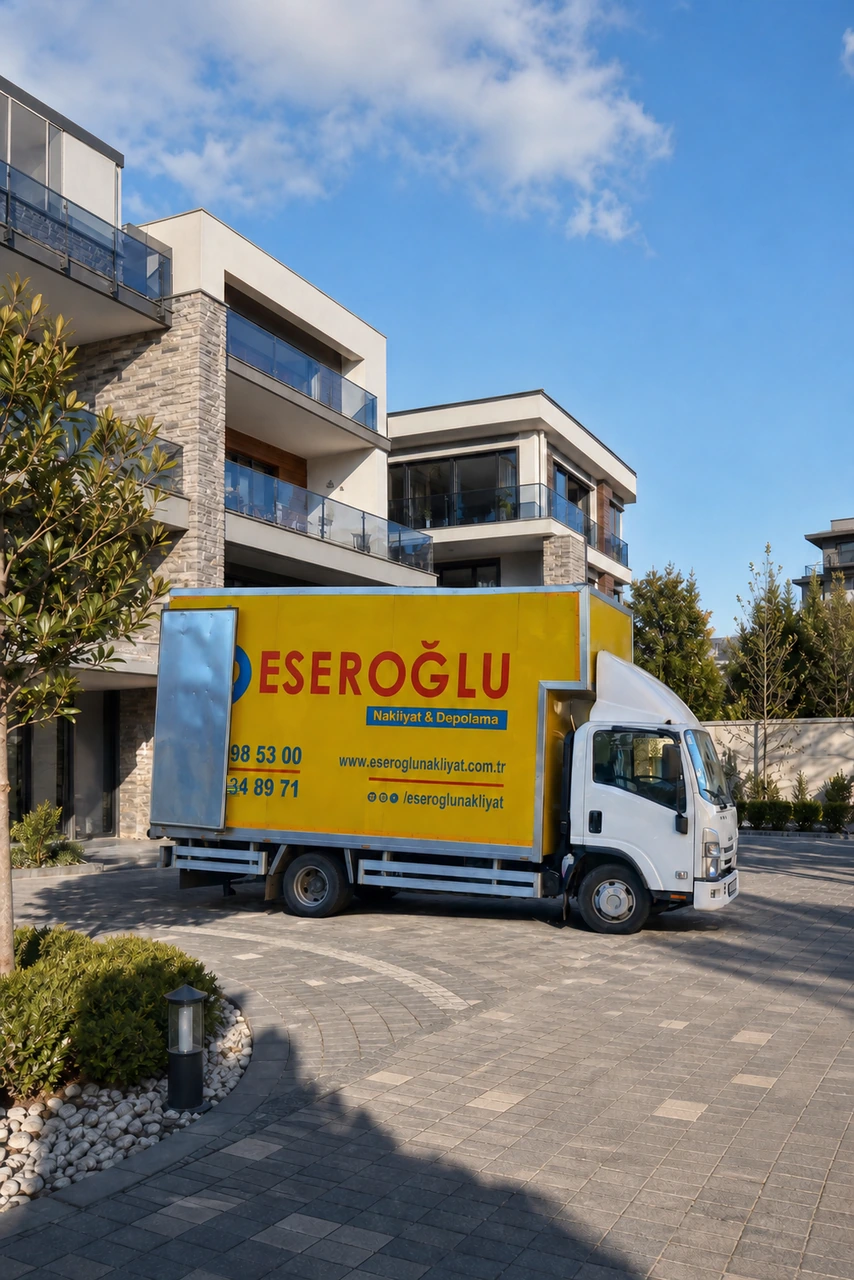 Modern Eseroğlu Nakliyat aracı lüks konutların önünde evden eve nakliyat hizmeti için bekliyor.