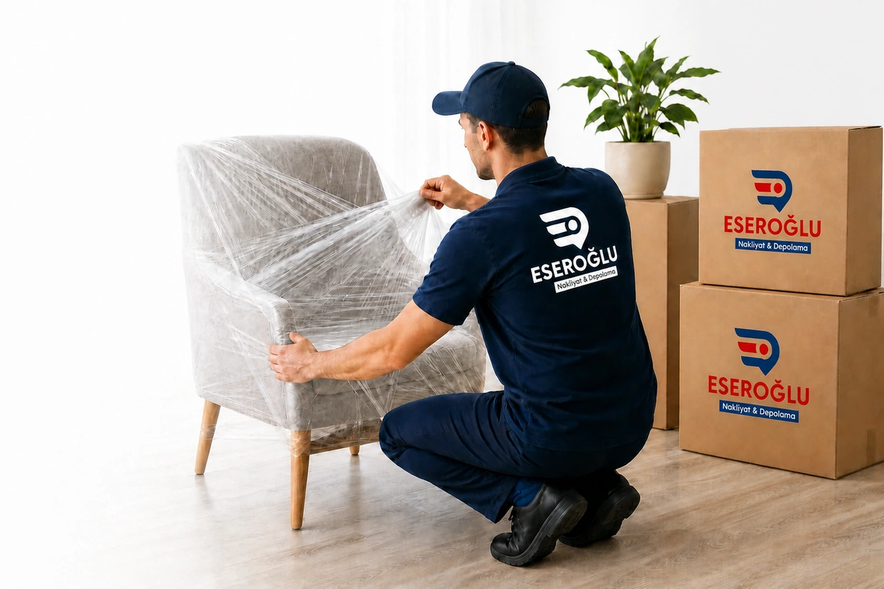 Eseroğlu Nakliyat personeli evden eve nakliyat sürecinde eşyaları profesyonelce paketliyor