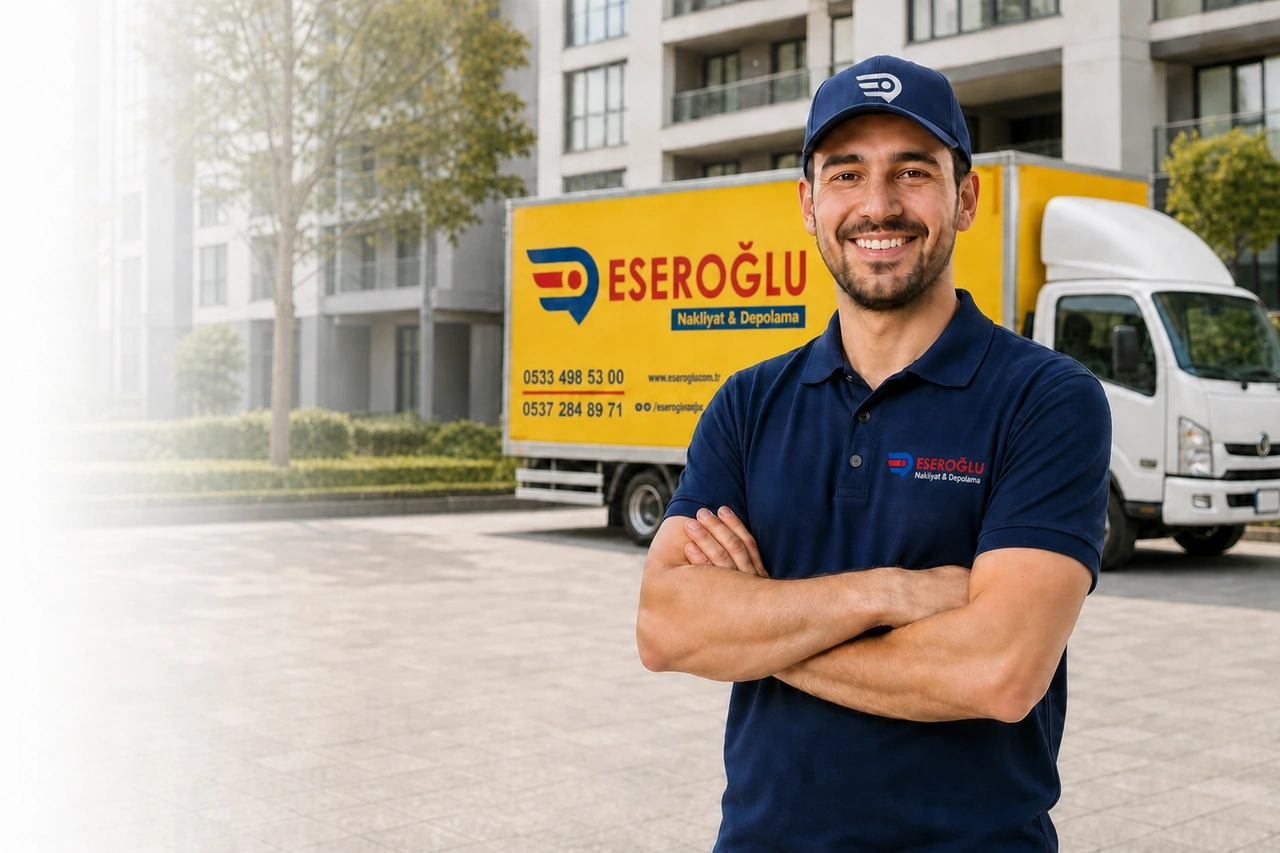 Eseroğlu Nakliyat personeli yanında logolu nakliye kamyonu ile evden eve nakliyat hizmeti sunuyor.