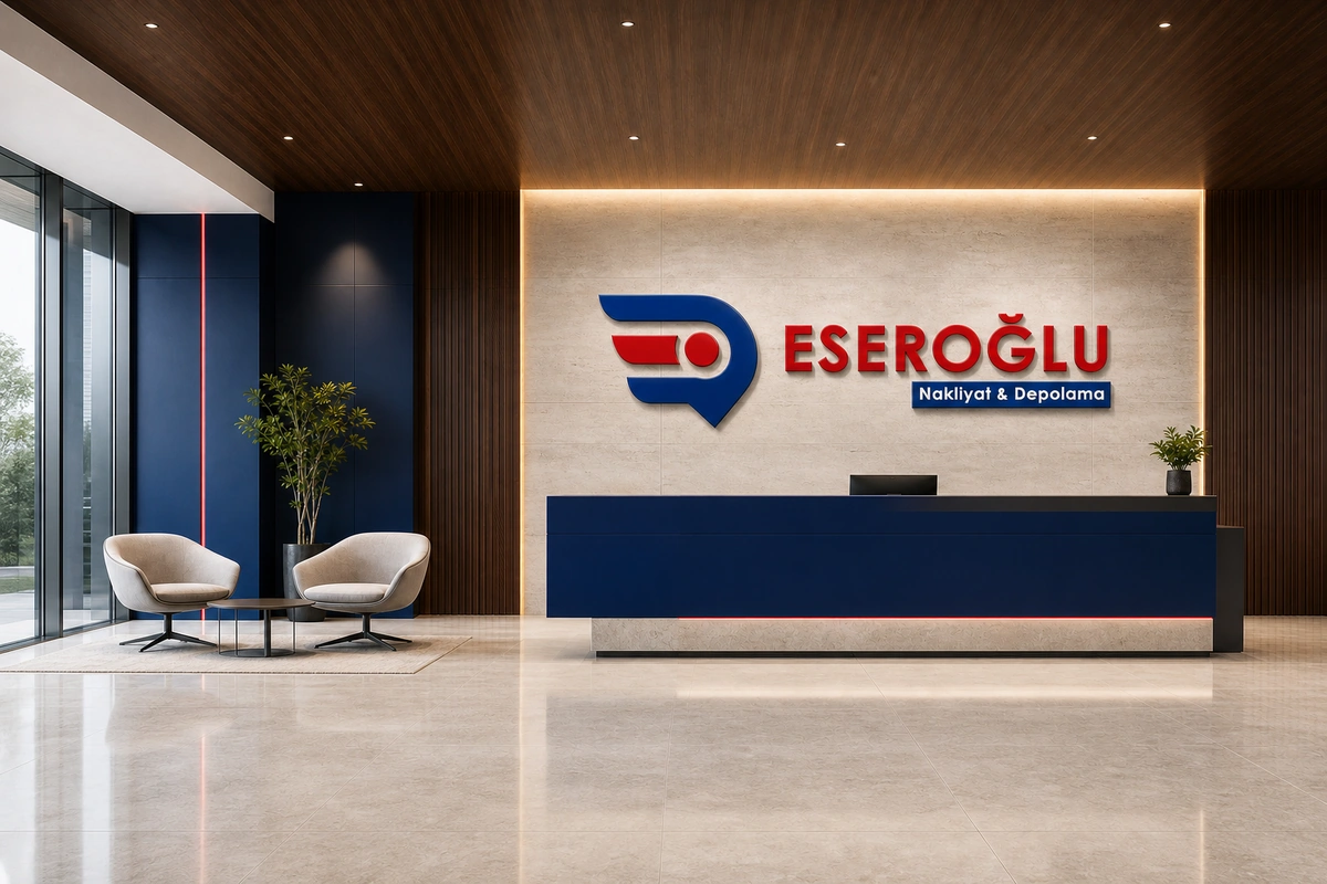 Modern ve kurumsal Eseroğlu Nakliyat & Depolama ofis lobisi ve karşılama alanı